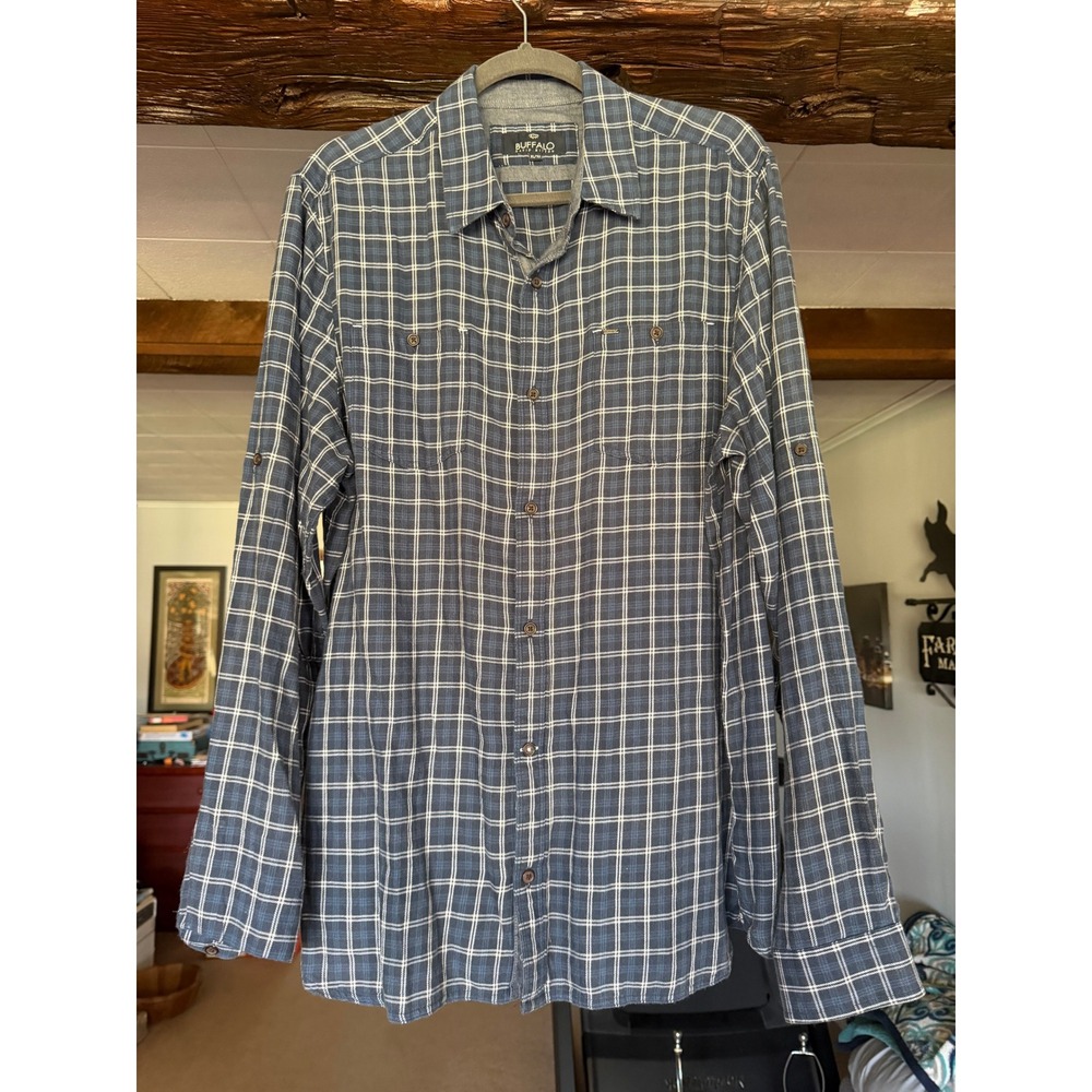 Buffalo David Bitton Mens XL Blue Plaid Roll Tab Long Sleeve Button Down Shirt